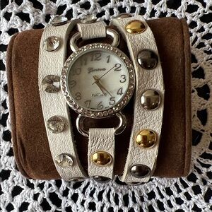 Geneva Women's White and Gold Studded Wrap Watch